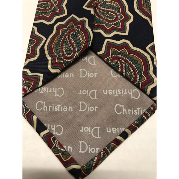 Christian Dior Men's Tie Navy Blue Multi Print 100% SILK NECK TIE 4" X 56" - Picture 3 of 4